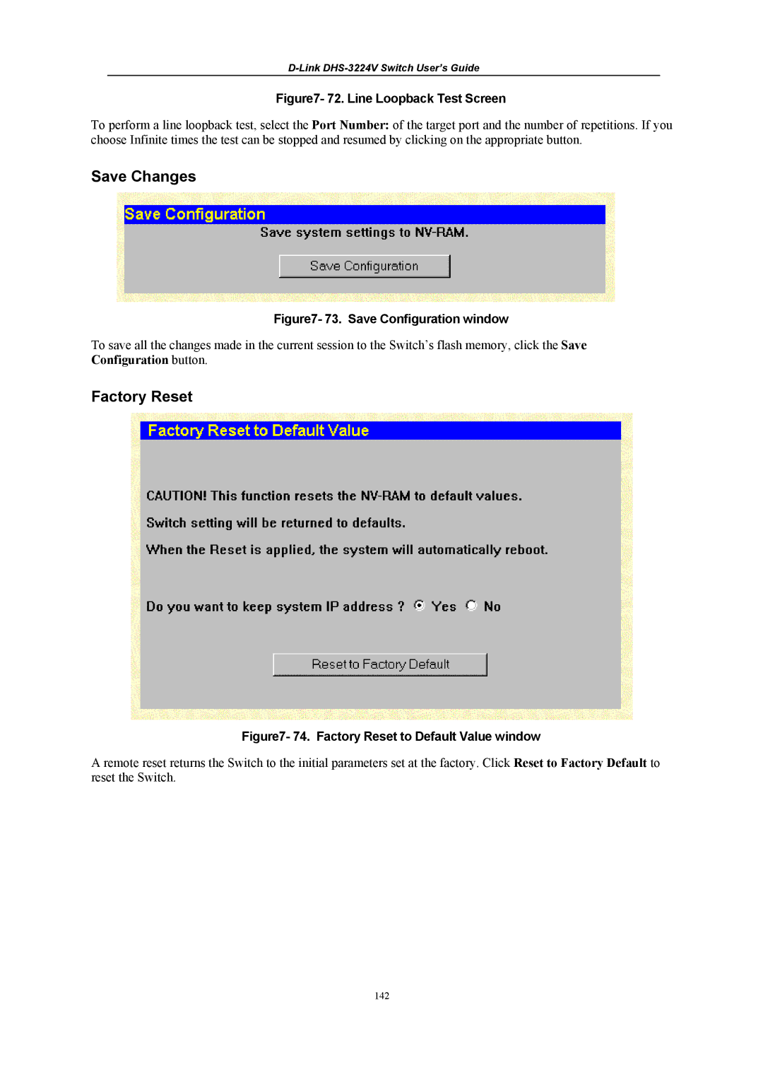 D-Link DHS-3224V manual Save Changes, Line Loopback Test Screen 