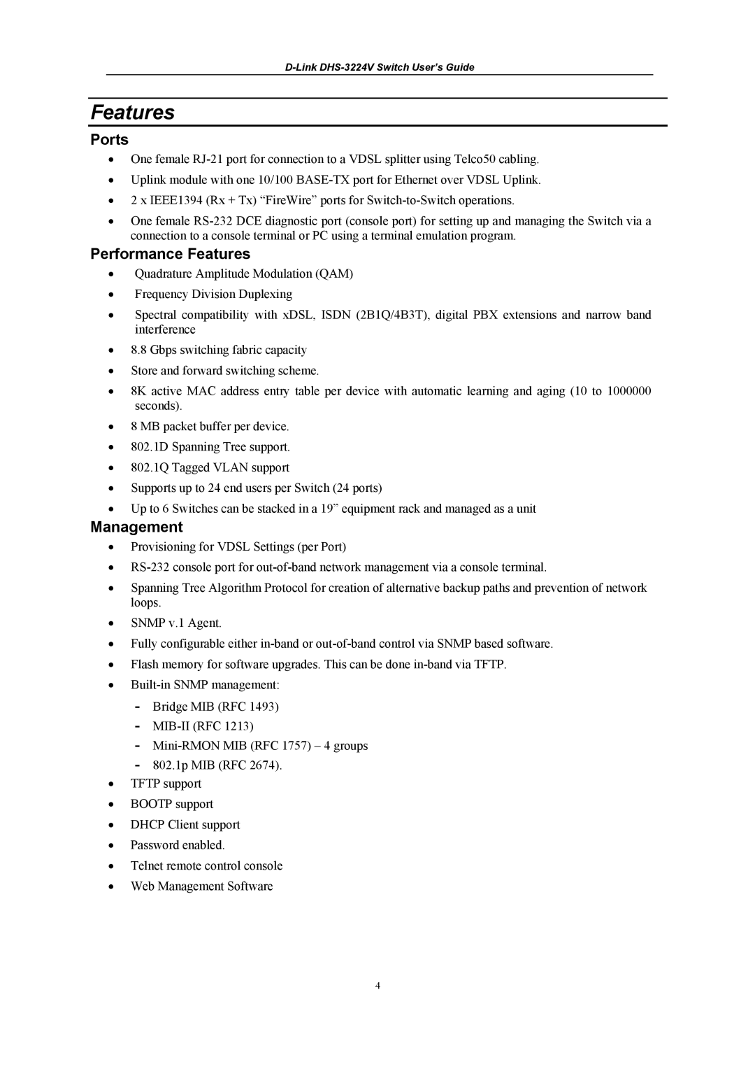 D-Link DHS-3224V manual Ports, Performance Features, Management 