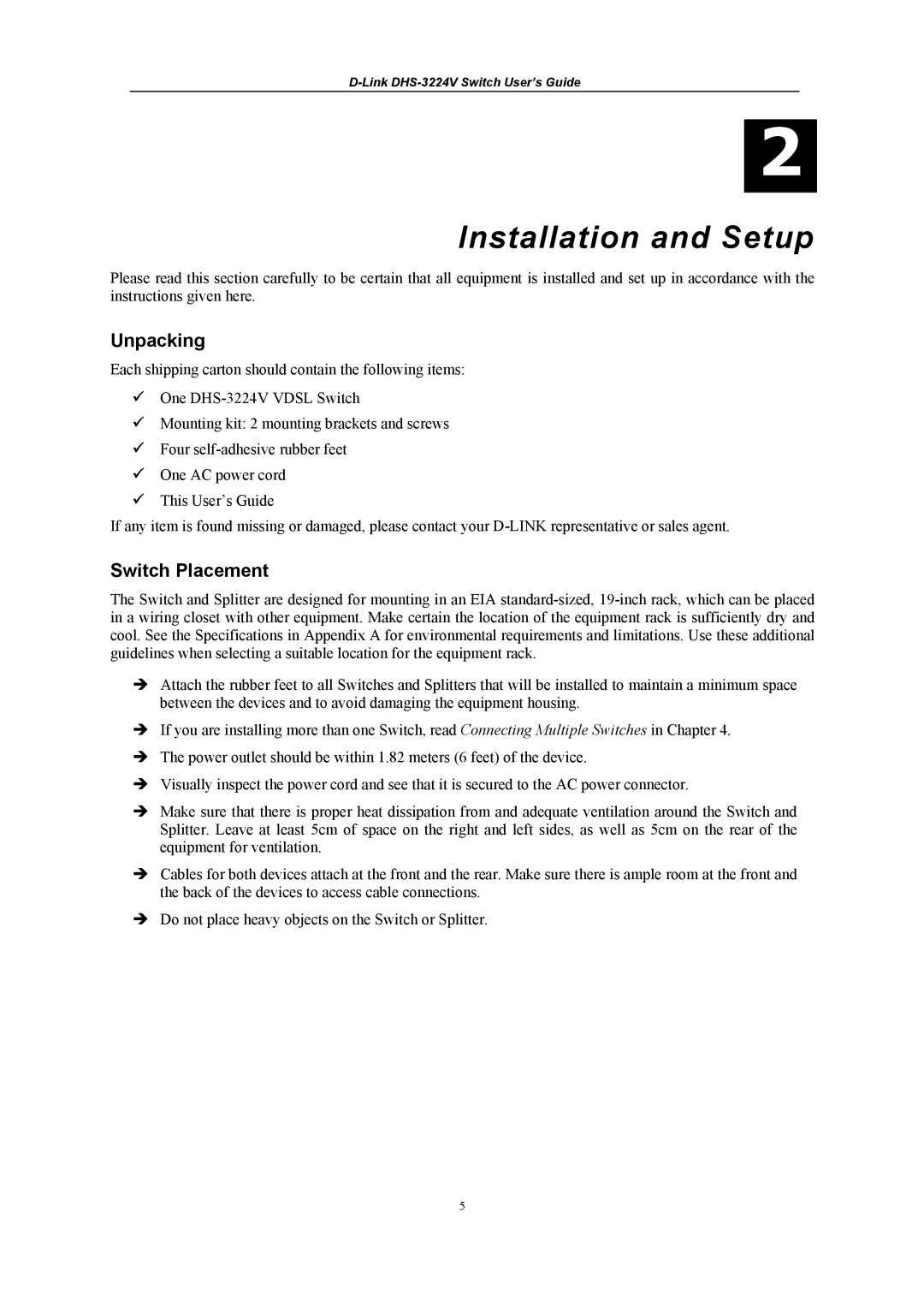 D-Link DHS-3224V manual Unpacking, Switch Placement 