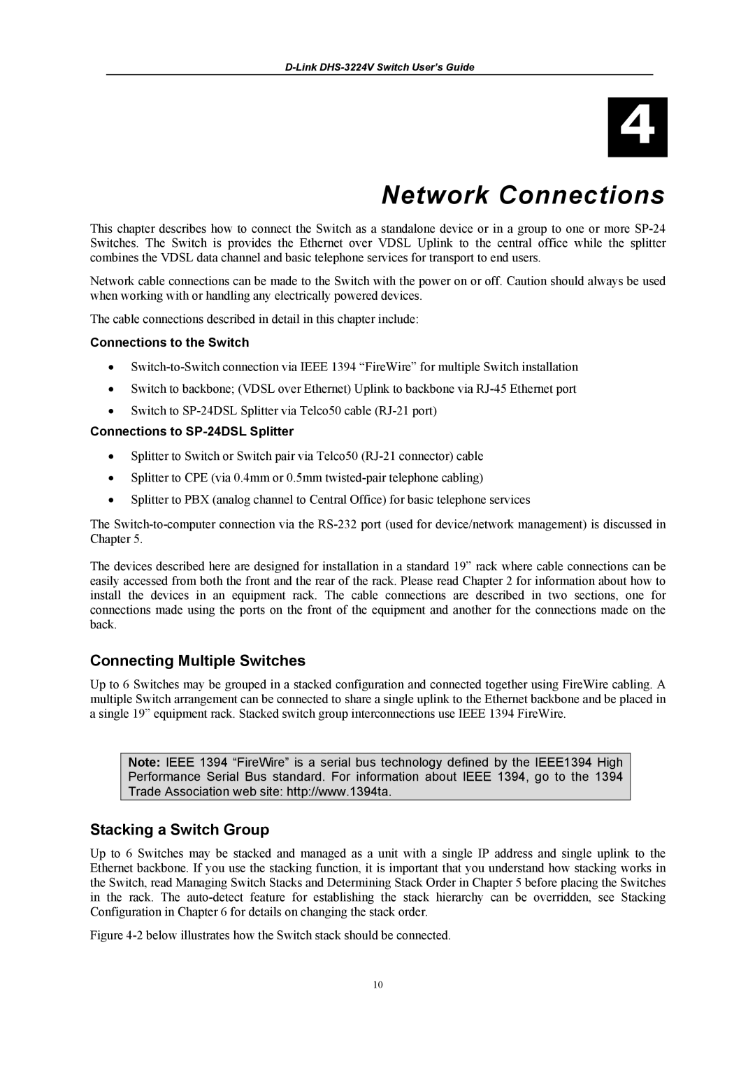 D-Link DHS-3224V manual Connecting Multiple Switches, Stacking a Switch Group, Connections to the Switch 