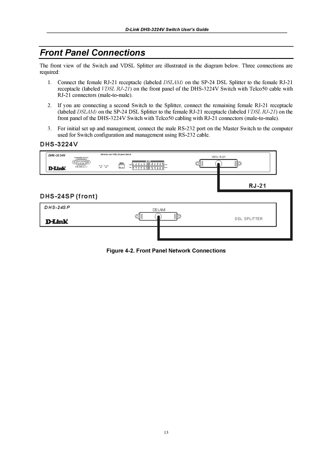 D-Link DHS-3224V manual Front Panel Connections, Front Panel Network Connections 