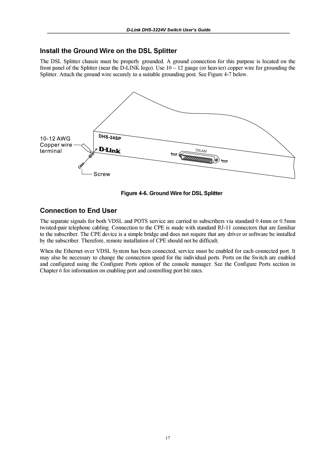 D-Link DHS-3224V manual Install the Ground Wire on the DSL Splitter, Connection to End User 