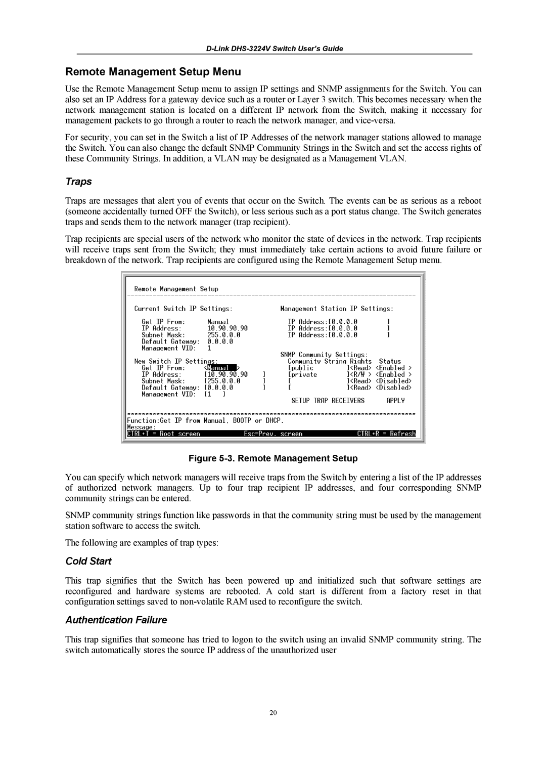 D-Link DHS-3224V manual Remote Management Setup Menu, Traps, Cold Start, Authentication Failure 