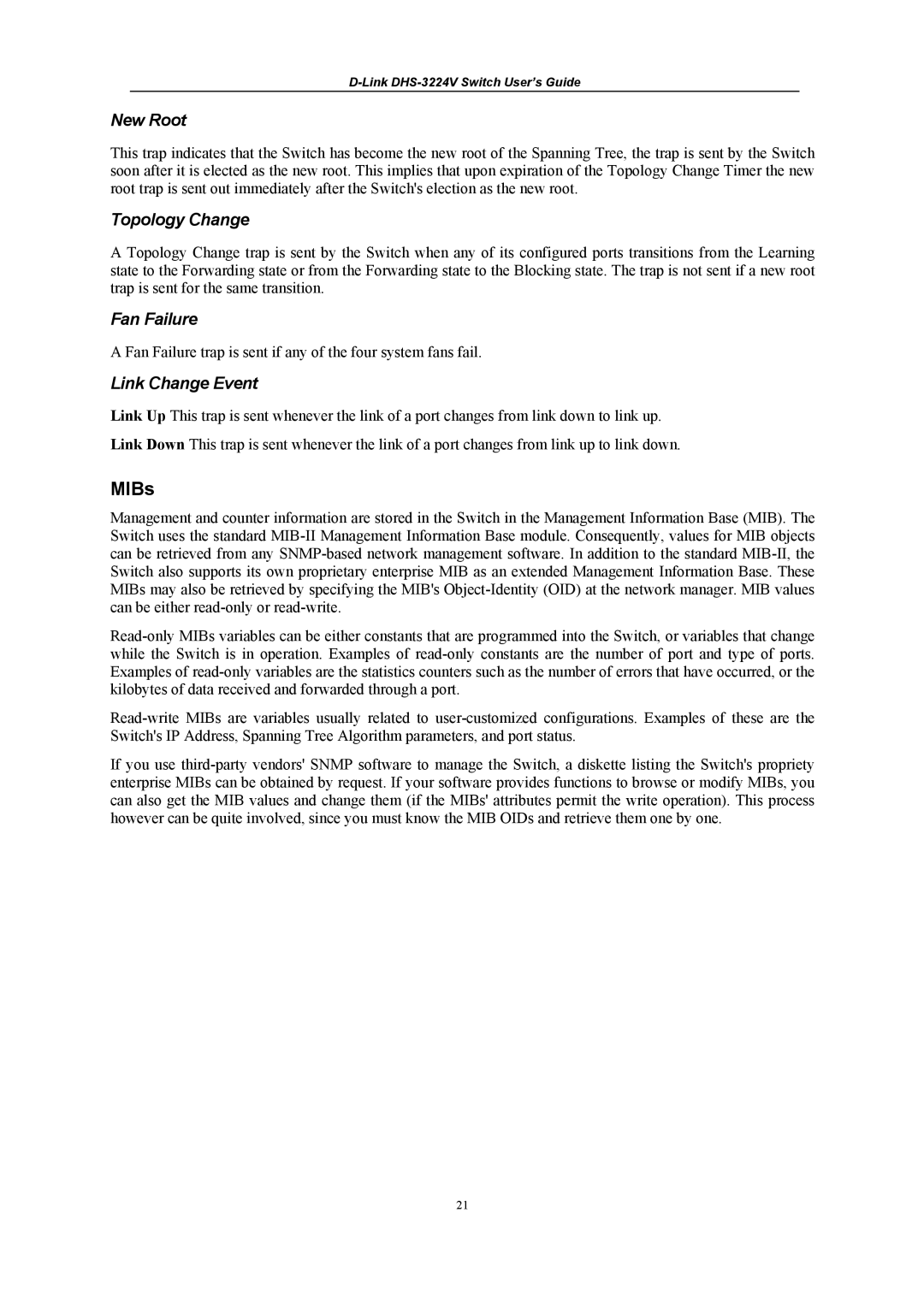 D-Link DHS-3224V manual MIBs, New Root, Topology Change, Fan Failure, Link Change Event 