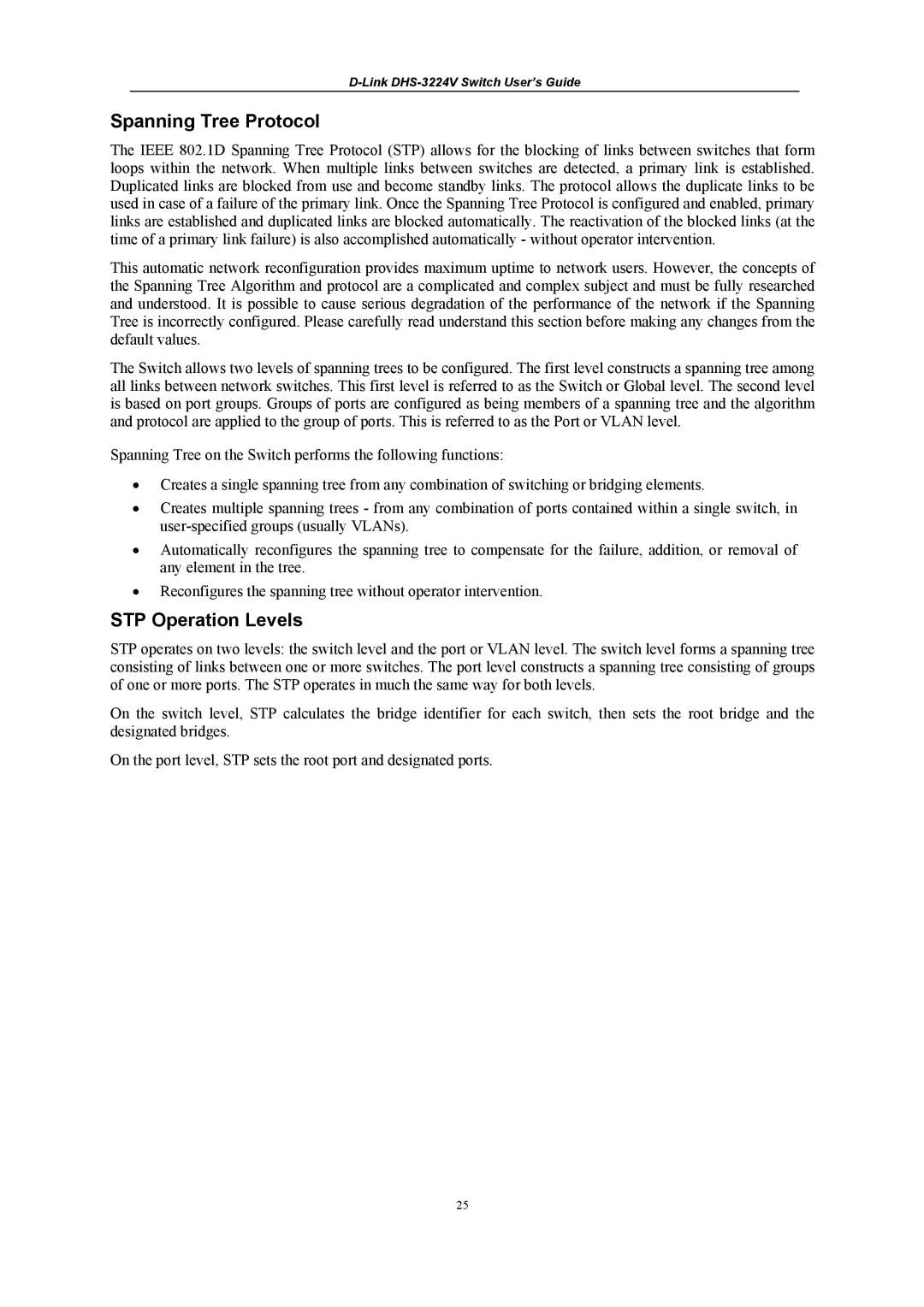 D-Link DHS-3224V manual Spanning Tree Protocol, STP Operation Levels 