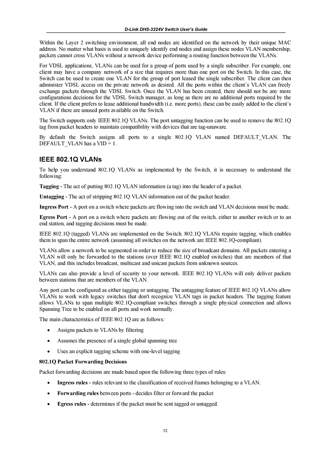 D-Link DHS-3224V manual Ieee 802.1Q VLANs, 802.1Q Packet Forwarding Decisions 