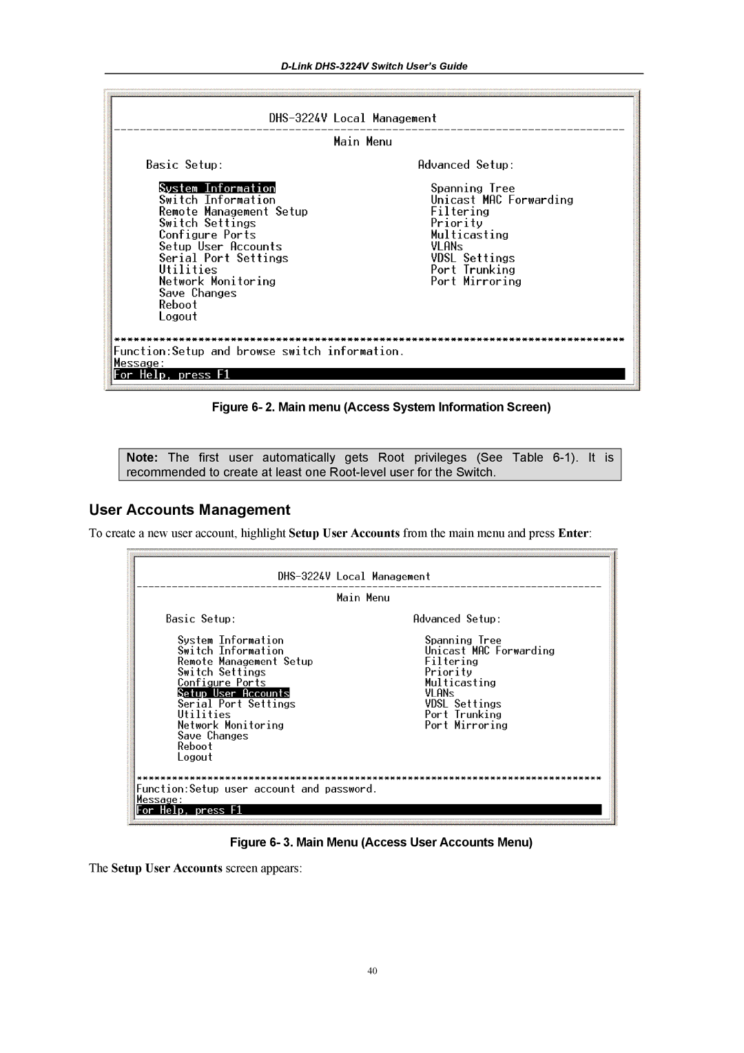 D-Link DHS-3224V manual User Accounts Management, Setup User Accounts screen appears 