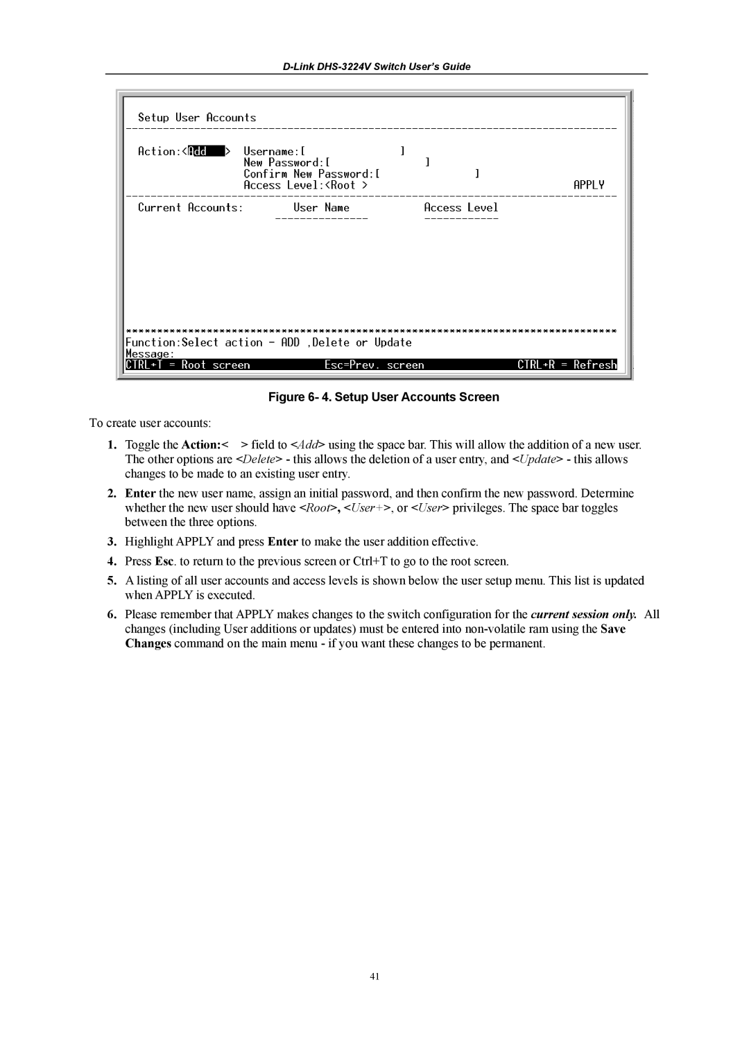 D-Link DHS-3224V manual Setup User Accounts Screen 