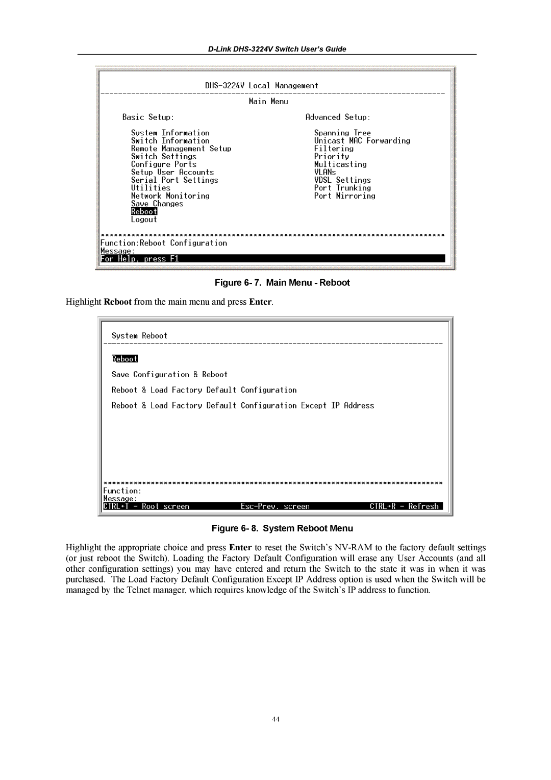 D-Link DHS-3224V manual Main Menu Reboot 