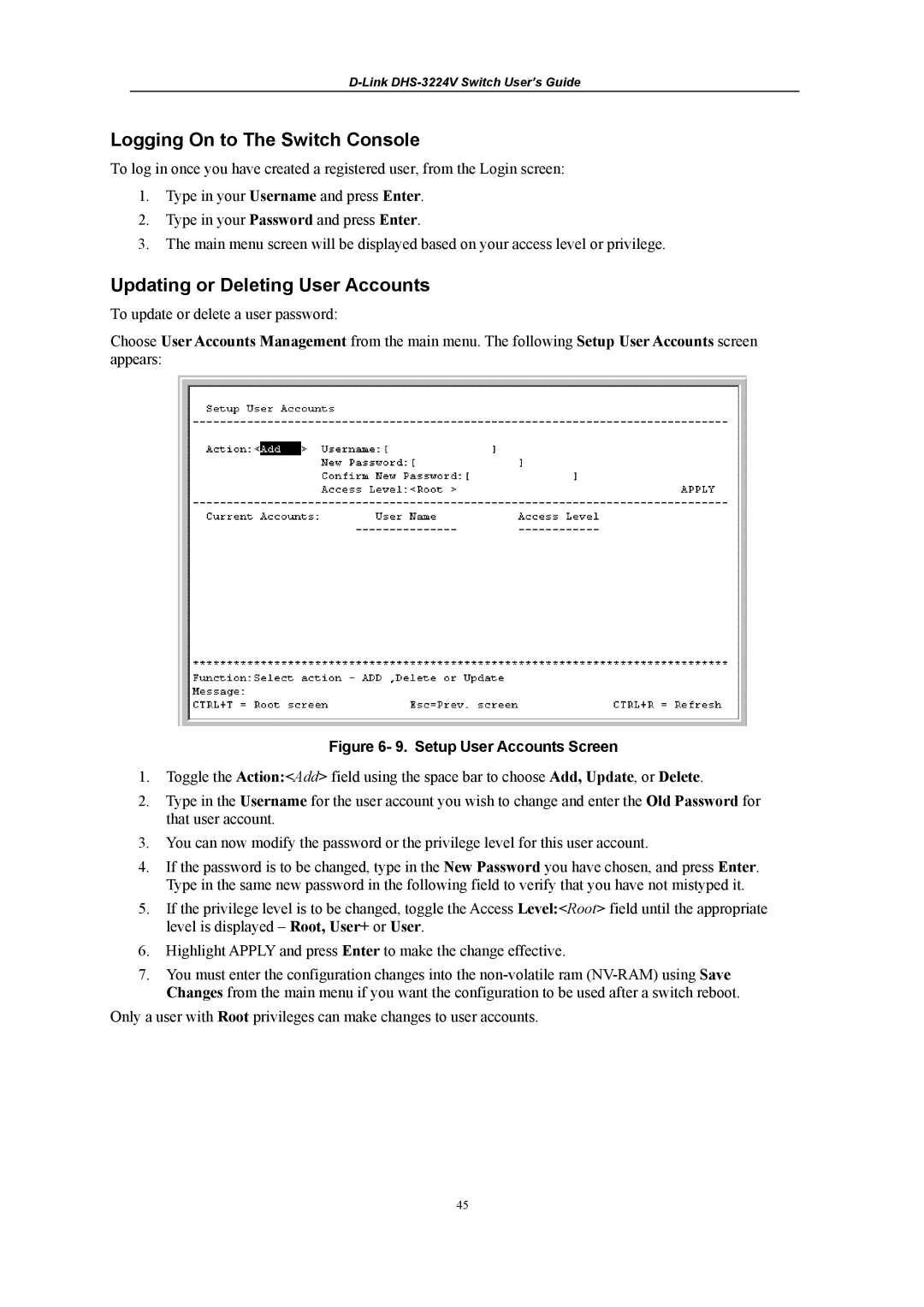 D-Link DHS-3224V manual Logging On to The Switch Console, Updating or Deleting User Accounts 