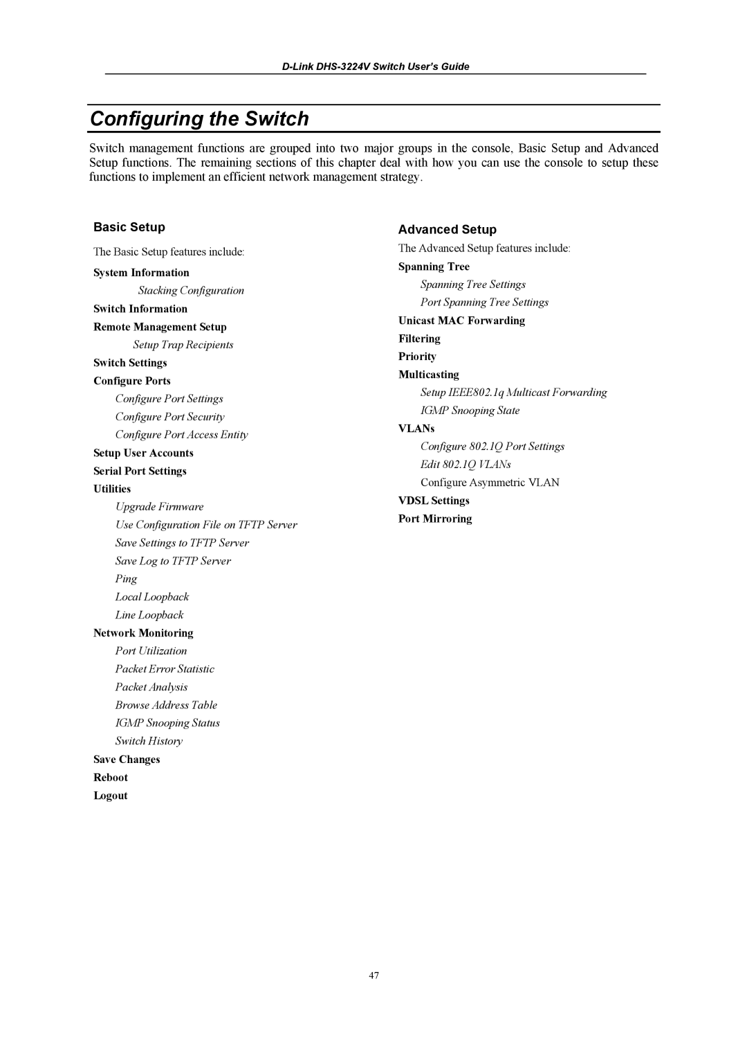 D-Link DHS-3224V manual Configuring the Switch, Basic Setup, Advanced Setup 