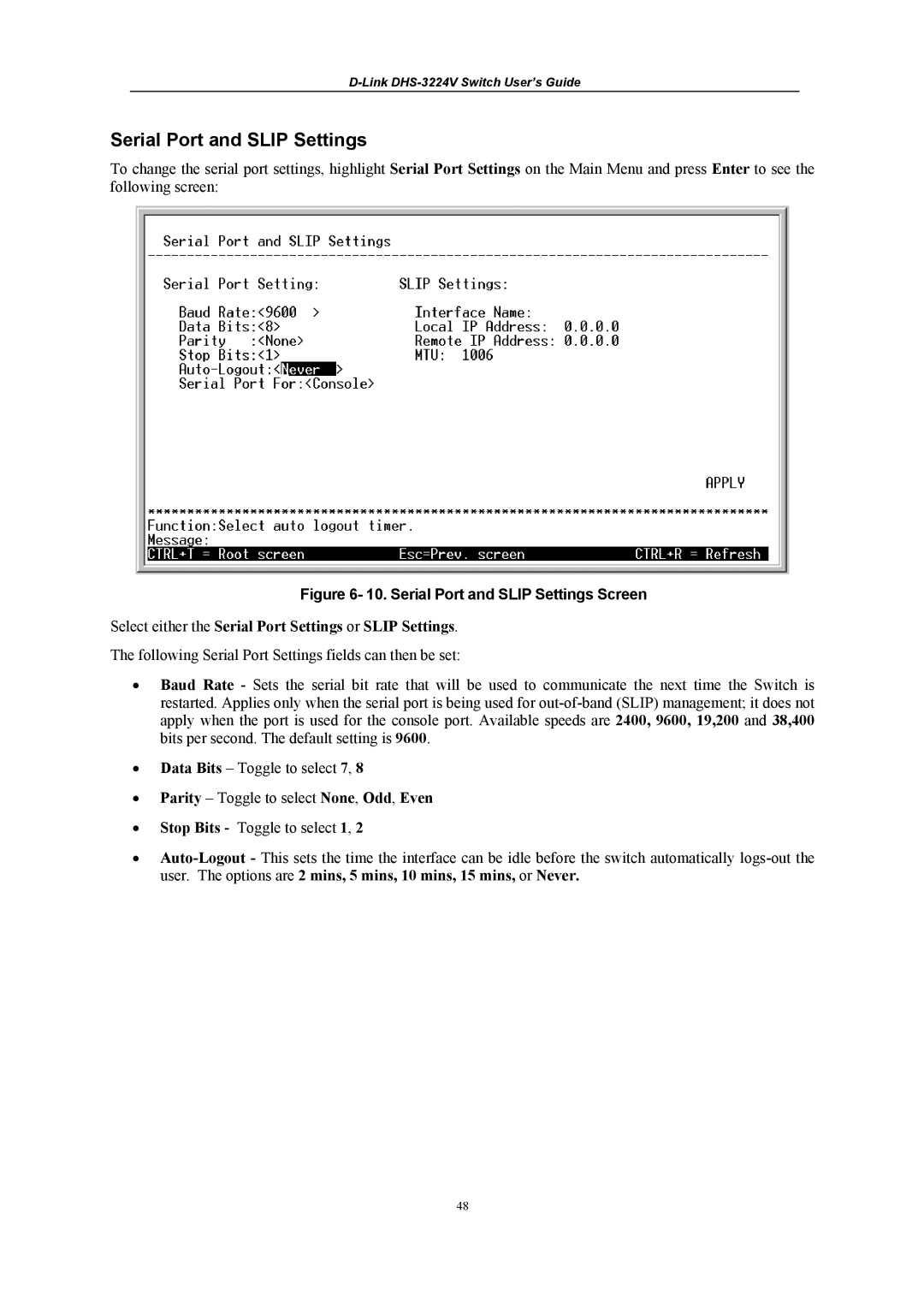 D-Link DHS-3224V manual Serial Port and Slip Settings, Select either the Serial Port Settings or Slip Settings 