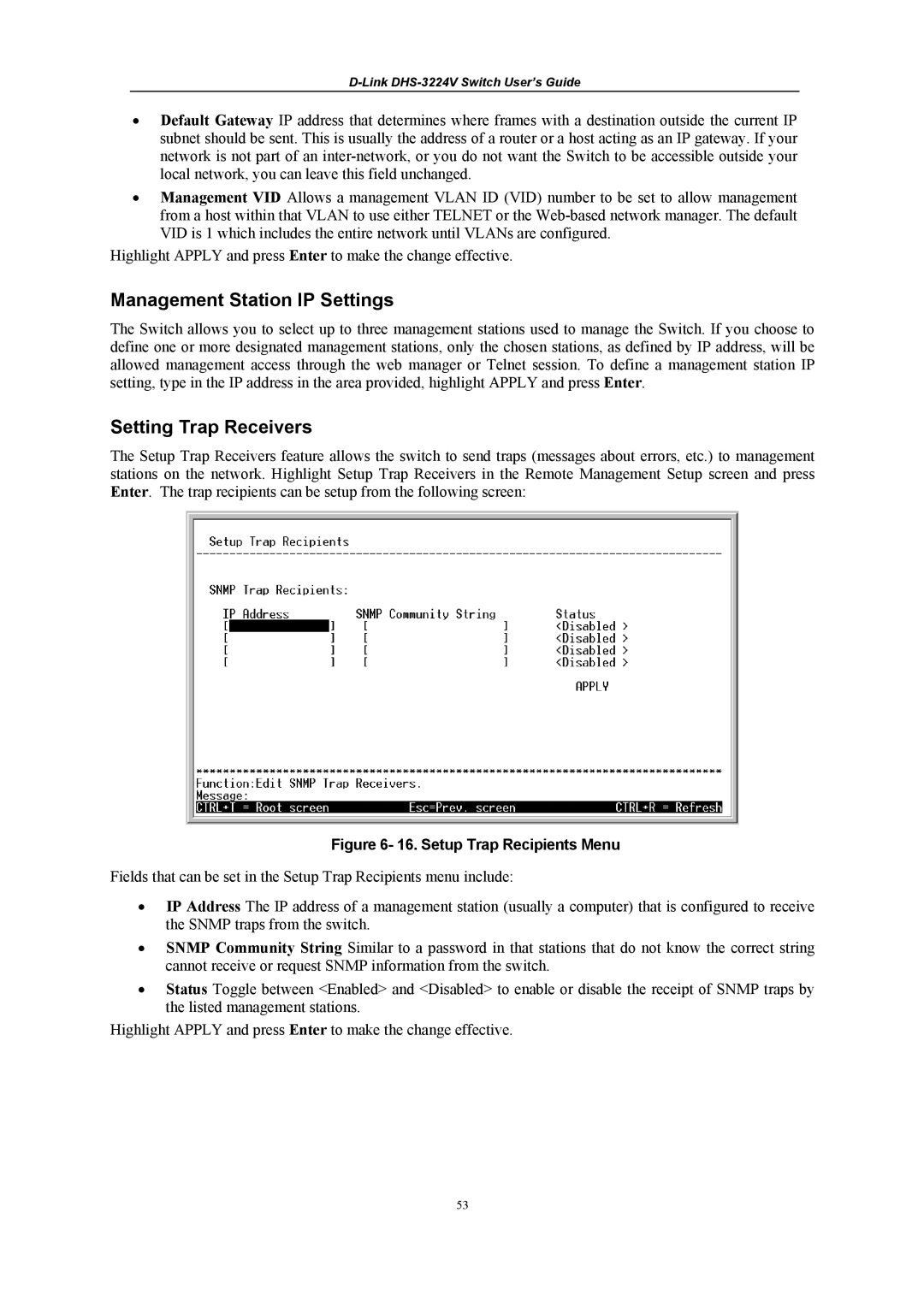 D-Link DHS-3224V manual Management Station IP Settings, Setting Trap Receivers 