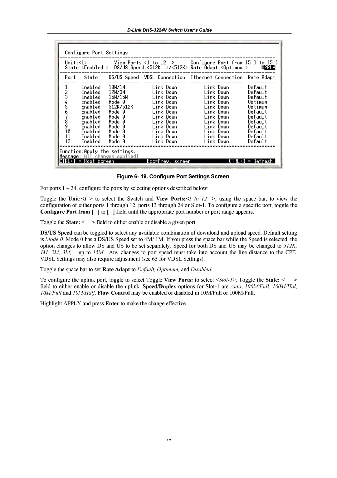 D-Link DHS-3224V manual Configure Port Settings Screen 