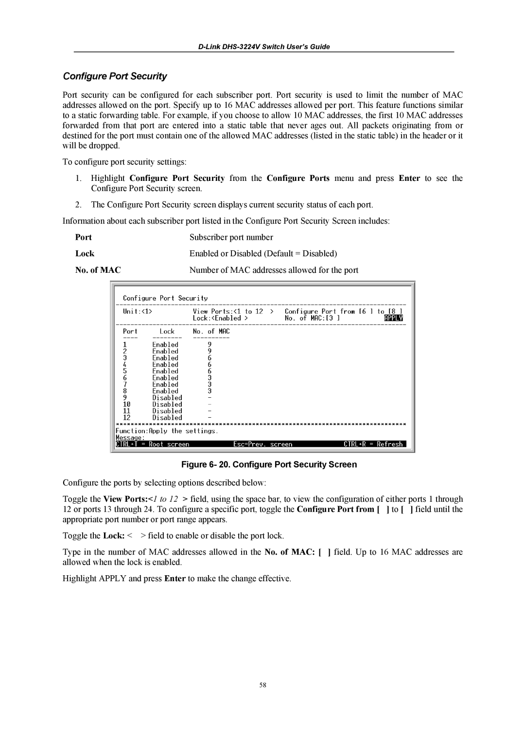 D-Link DHS-3224V manual Configure Port Security Screen 