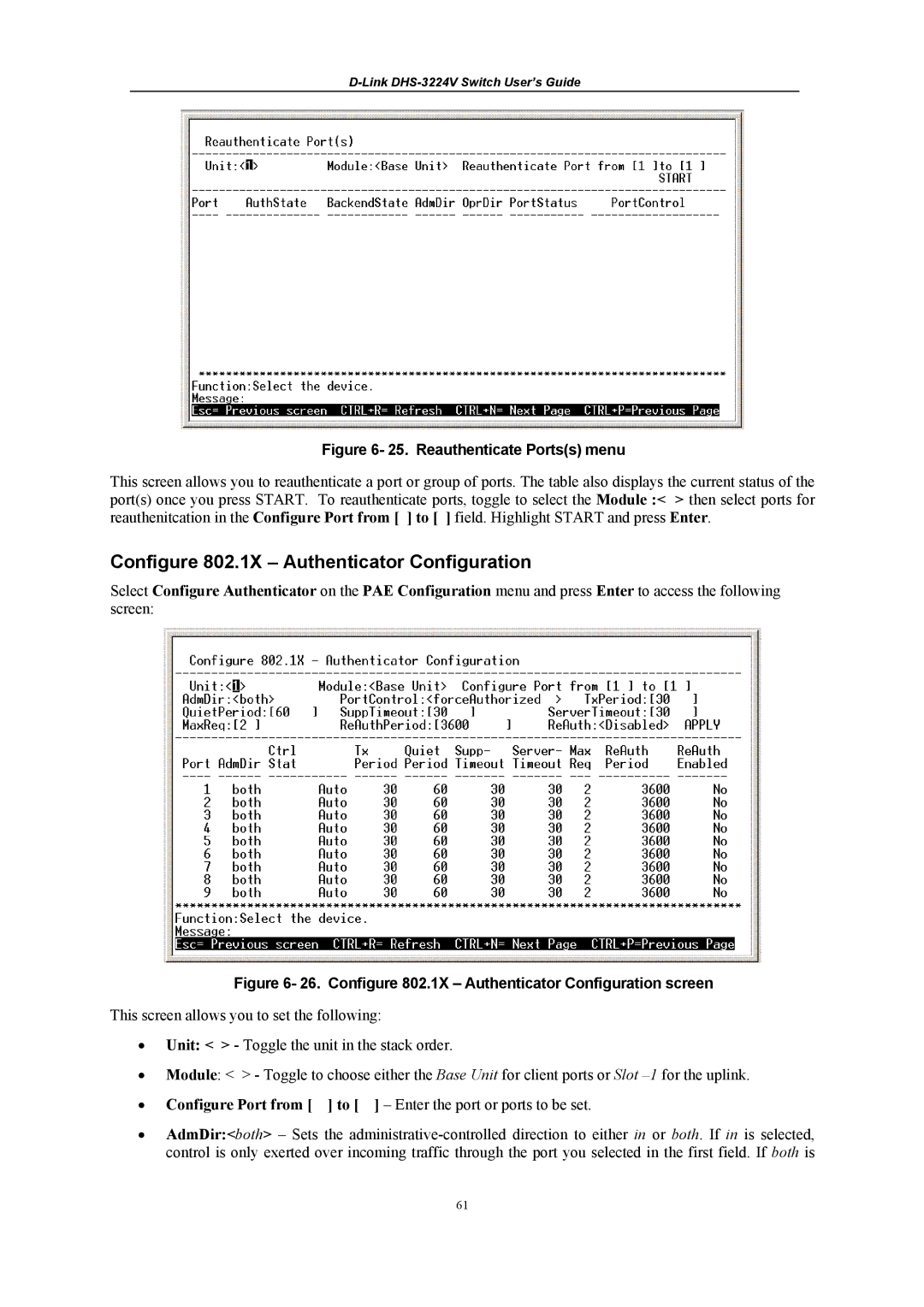 D-Link DHS-3224V manual Configure 802.1X Authenticator Configuration, Reauthenticate Portss menu 