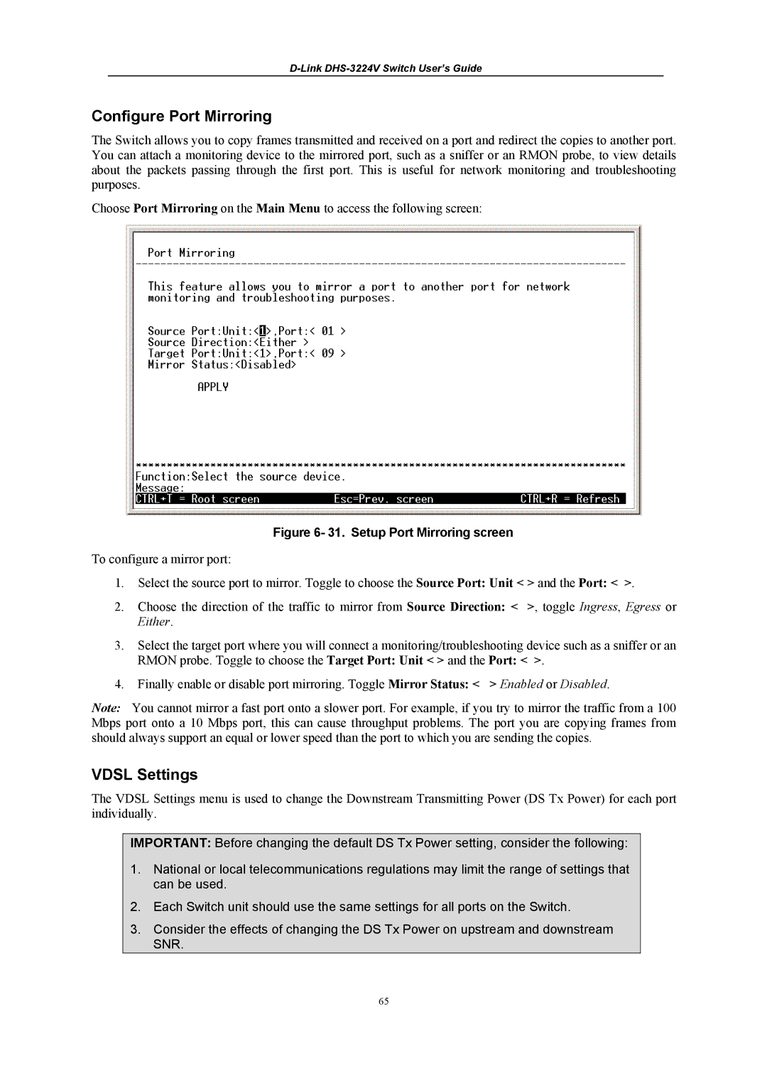 D-Link DHS-3224V manual Configure Port Mirroring, Vdsl Settings 