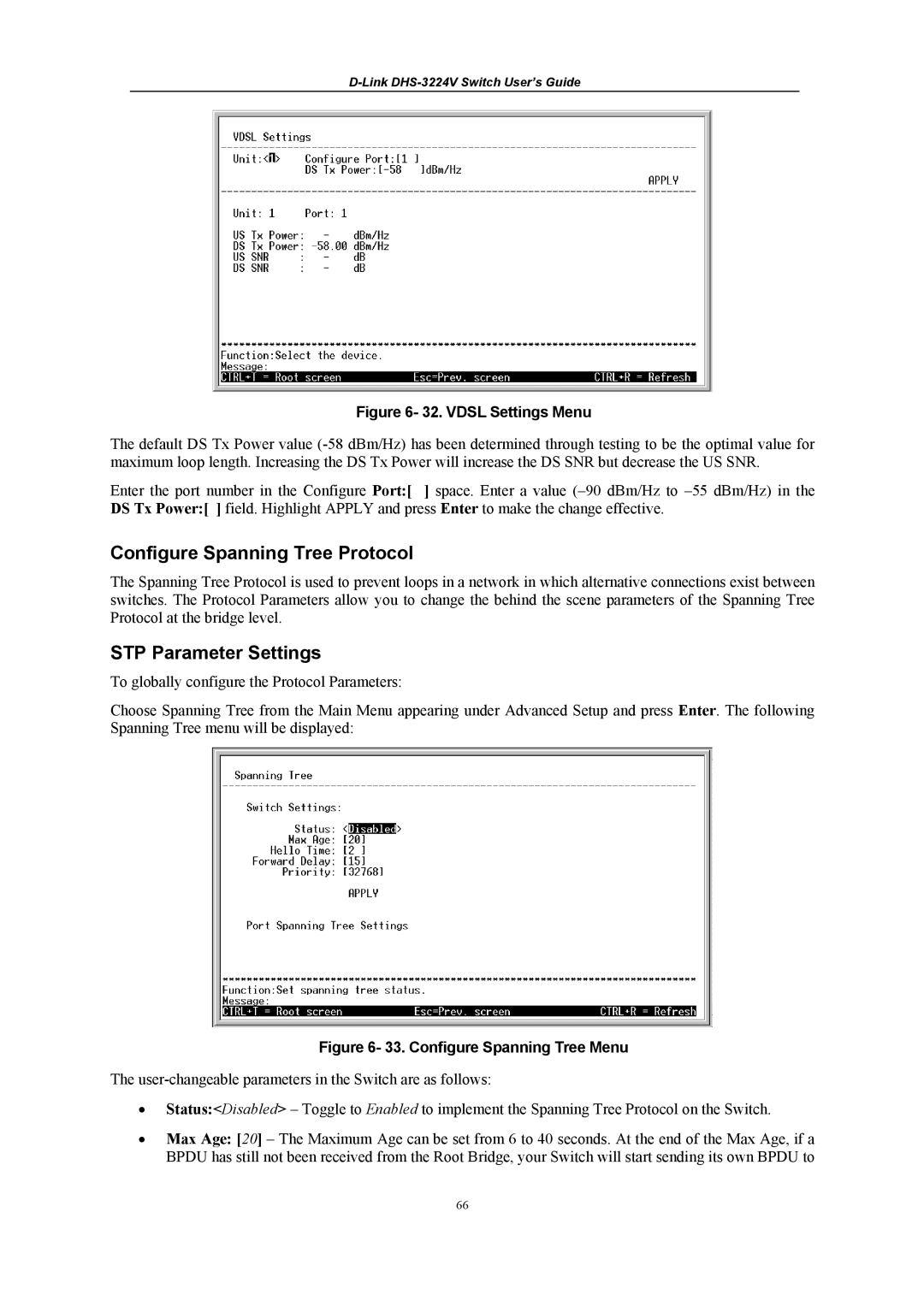 D-Link DHS-3224V manual Configure Spanning Tree Protocol, STP Parameter Settings 