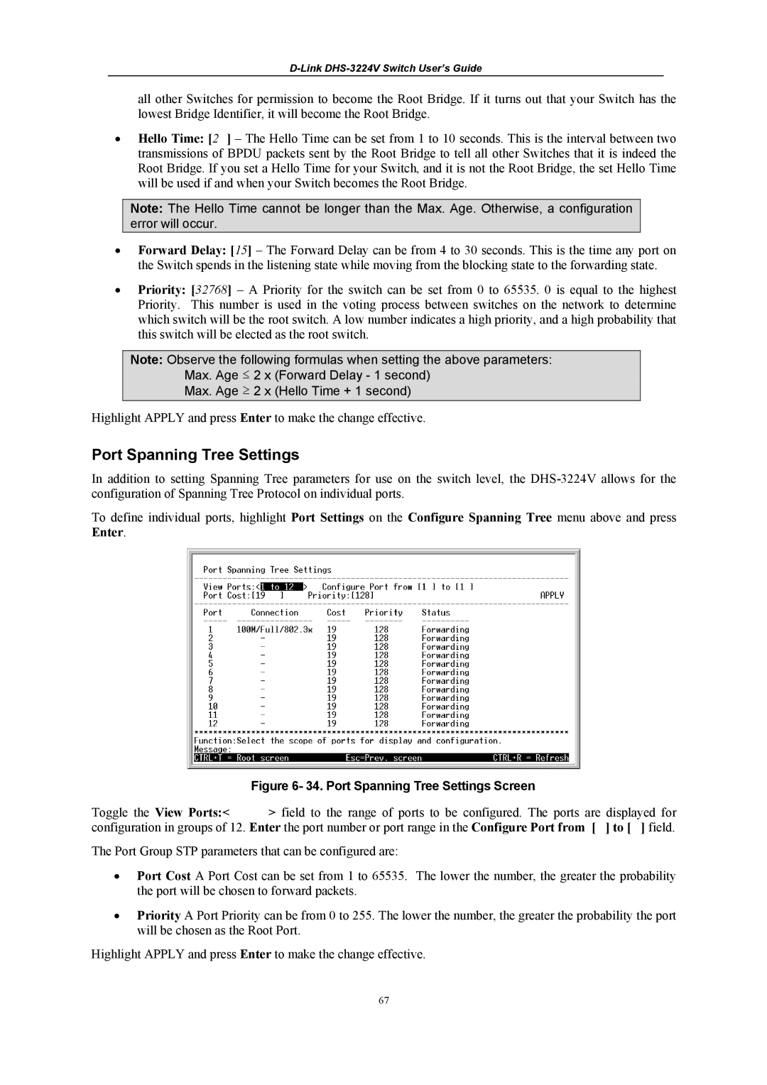 D-Link DHS-3224V manual Port Spanning Tree Settings, Toggle the View Ports 