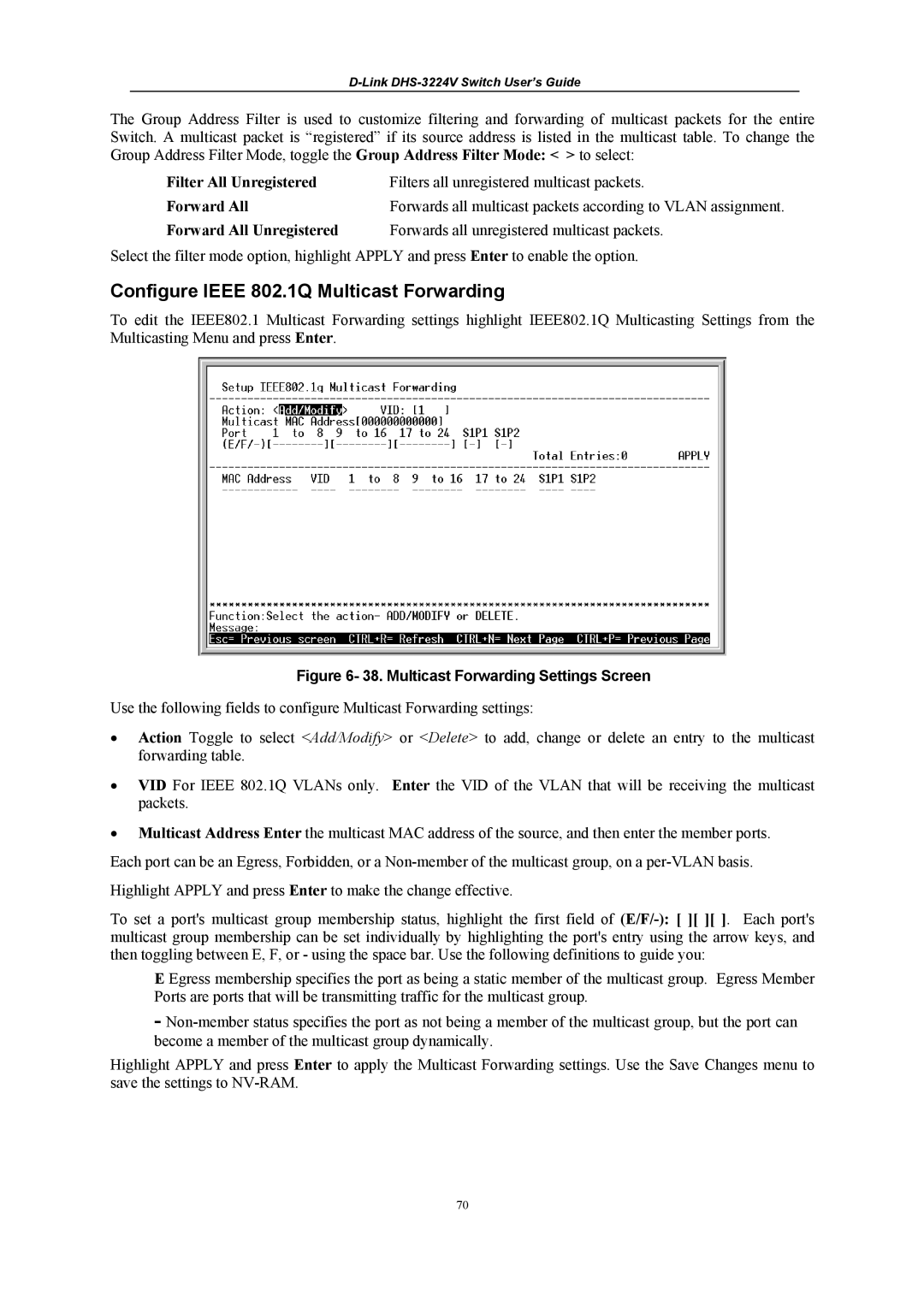 D-Link DHS-3224V manual Configure Ieee 802.1Q Multicast Forwarding, Multicast Forwarding Settings Screen 