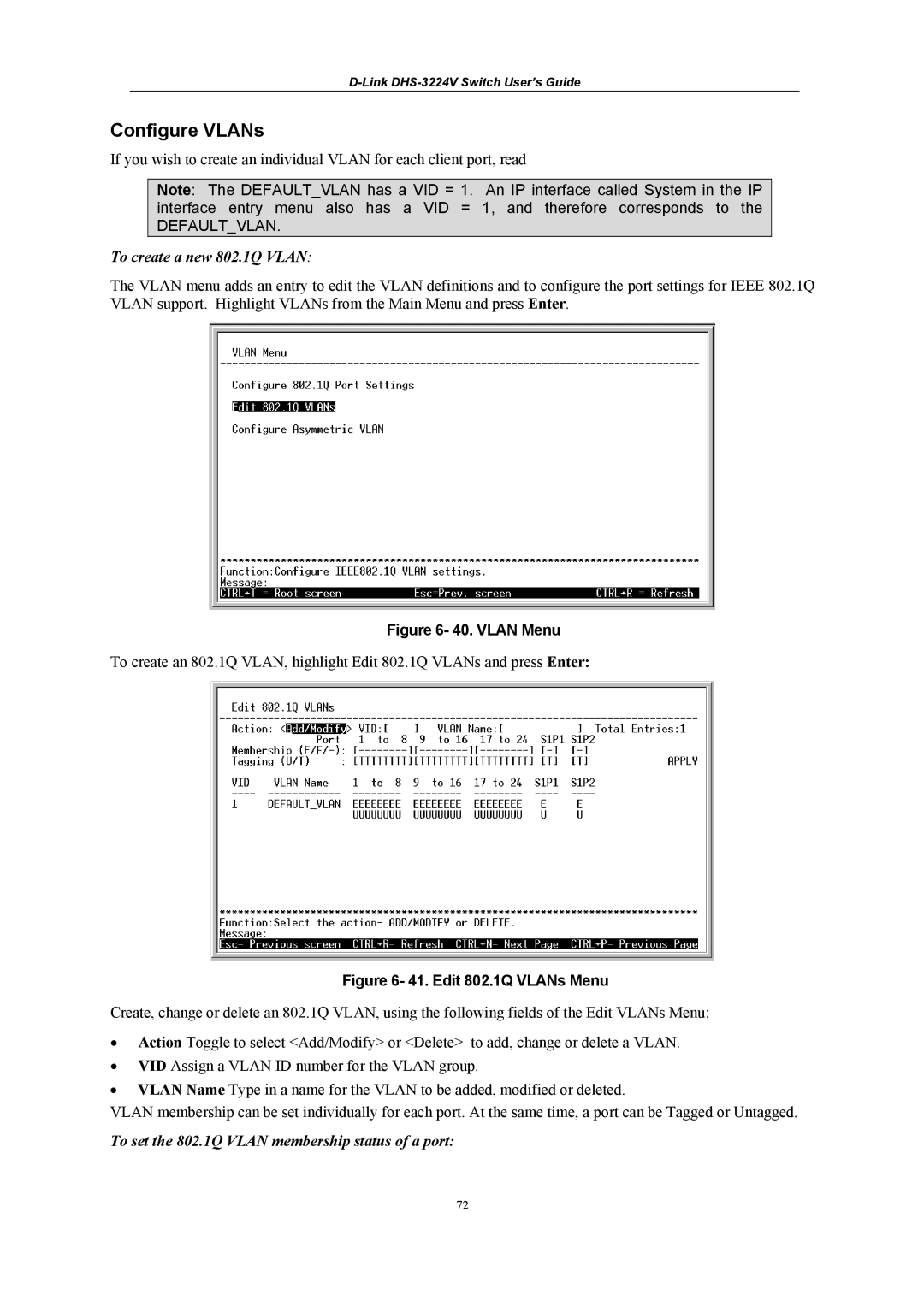 D-Link DHS-3224V manual Configure VLANs, Vlan Menu 