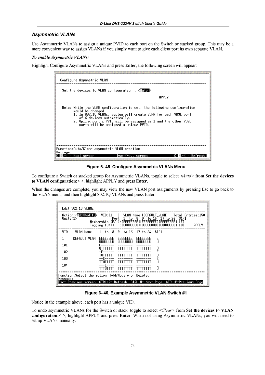 D-Link DHS-3224V manual Configure Asymmetric VLANs Menu 