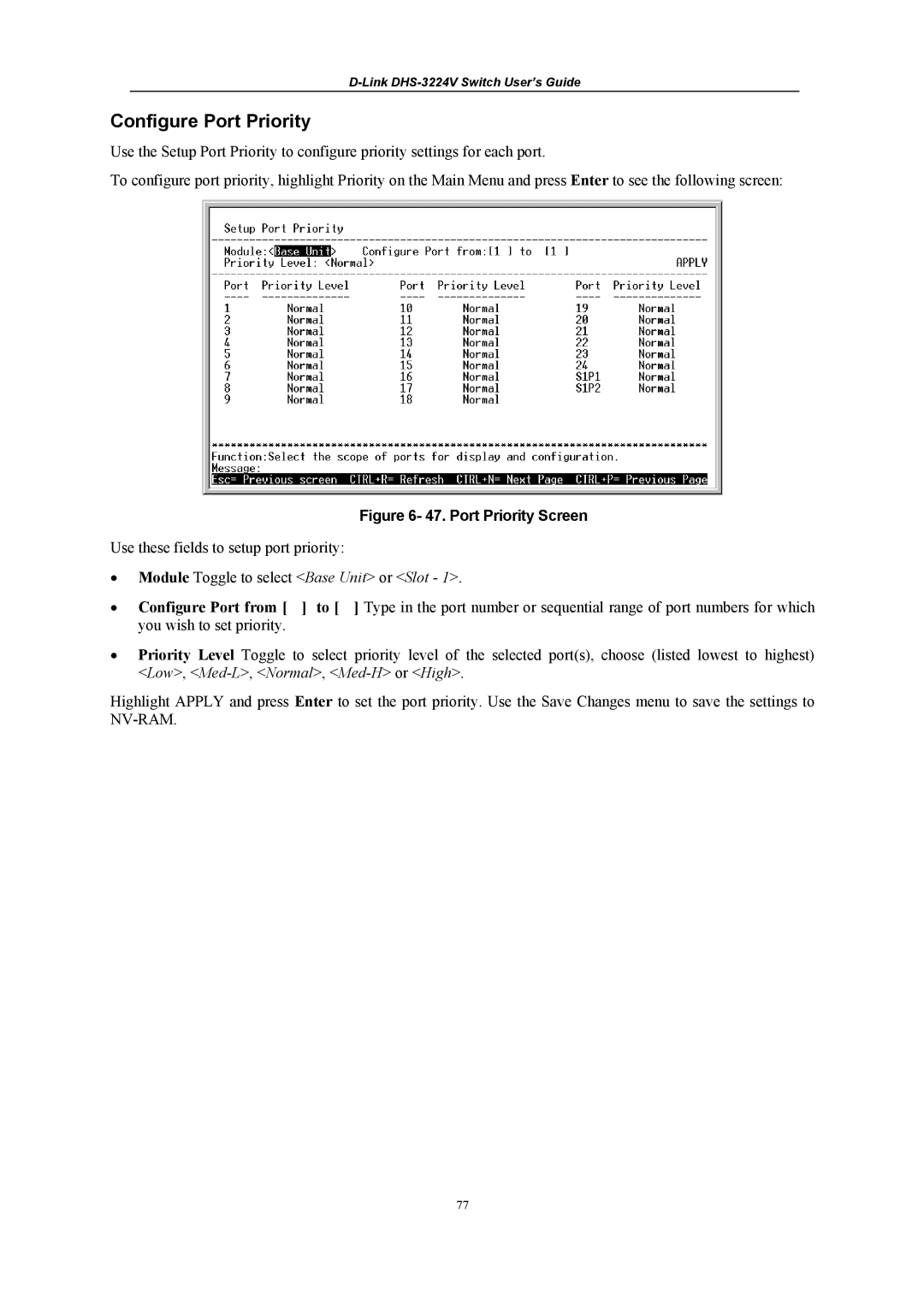 D-Link DHS-3224V manual Configure Port Priority, Port Priority Screen 