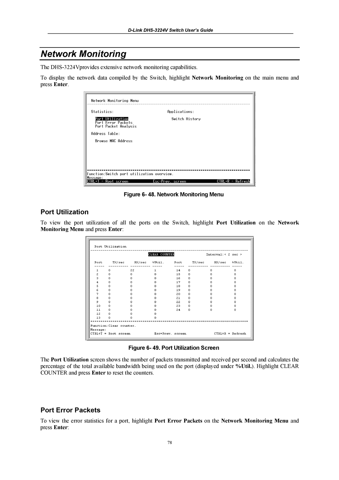 D-Link DHS-3224V manual Network Monitoring, Port Utilization, Port Error Packets 