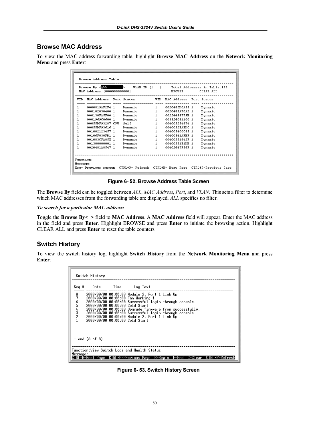 D-Link DHS-3224V manual Browse MAC Address, Switch History 