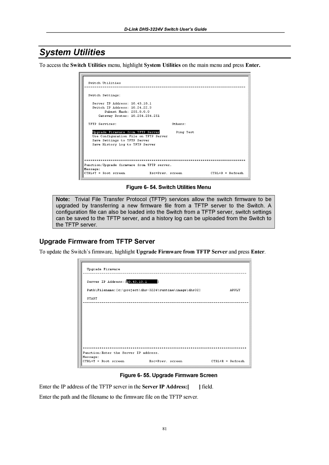 D-Link DHS-3224V manual System Utilities, Upgrade Firmware from Tftp Server 