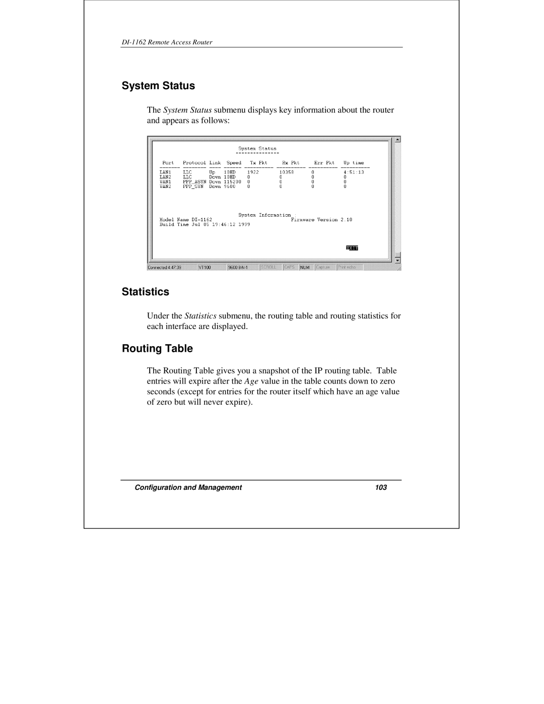 D-Link DI-1162 manual System Status, Statistics, Routing Table 