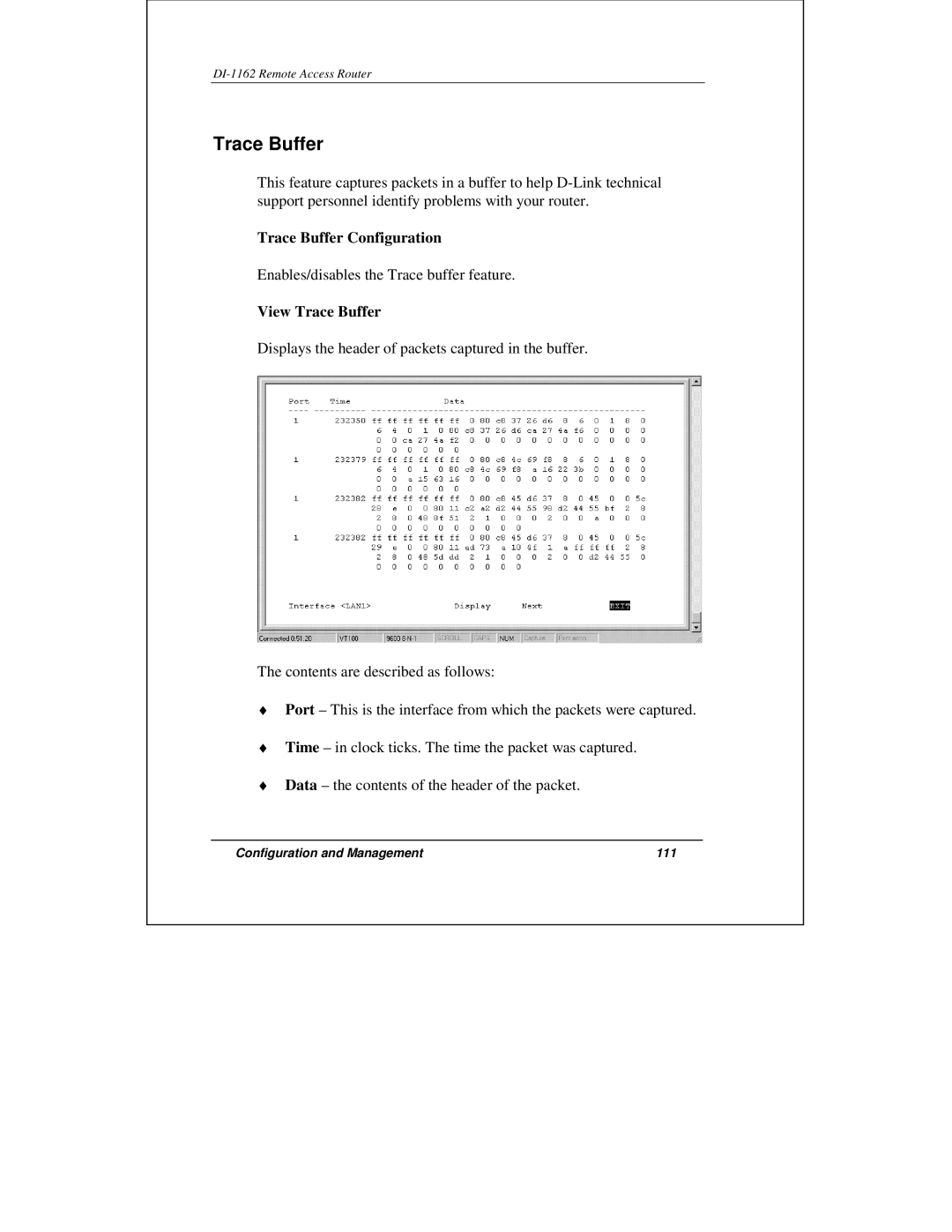 D-Link DI-1162 manual Trace Buffer Configuration, View Trace Buffer 