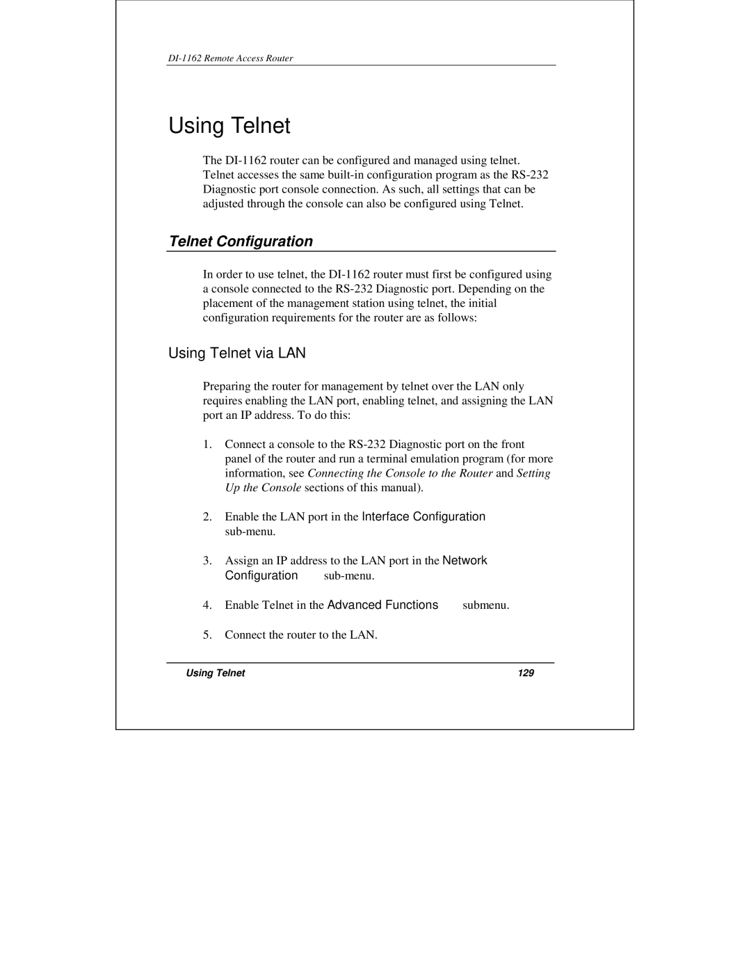 D-Link DI-1162 manual Telnet Configuration, Using Telnet via LAN 