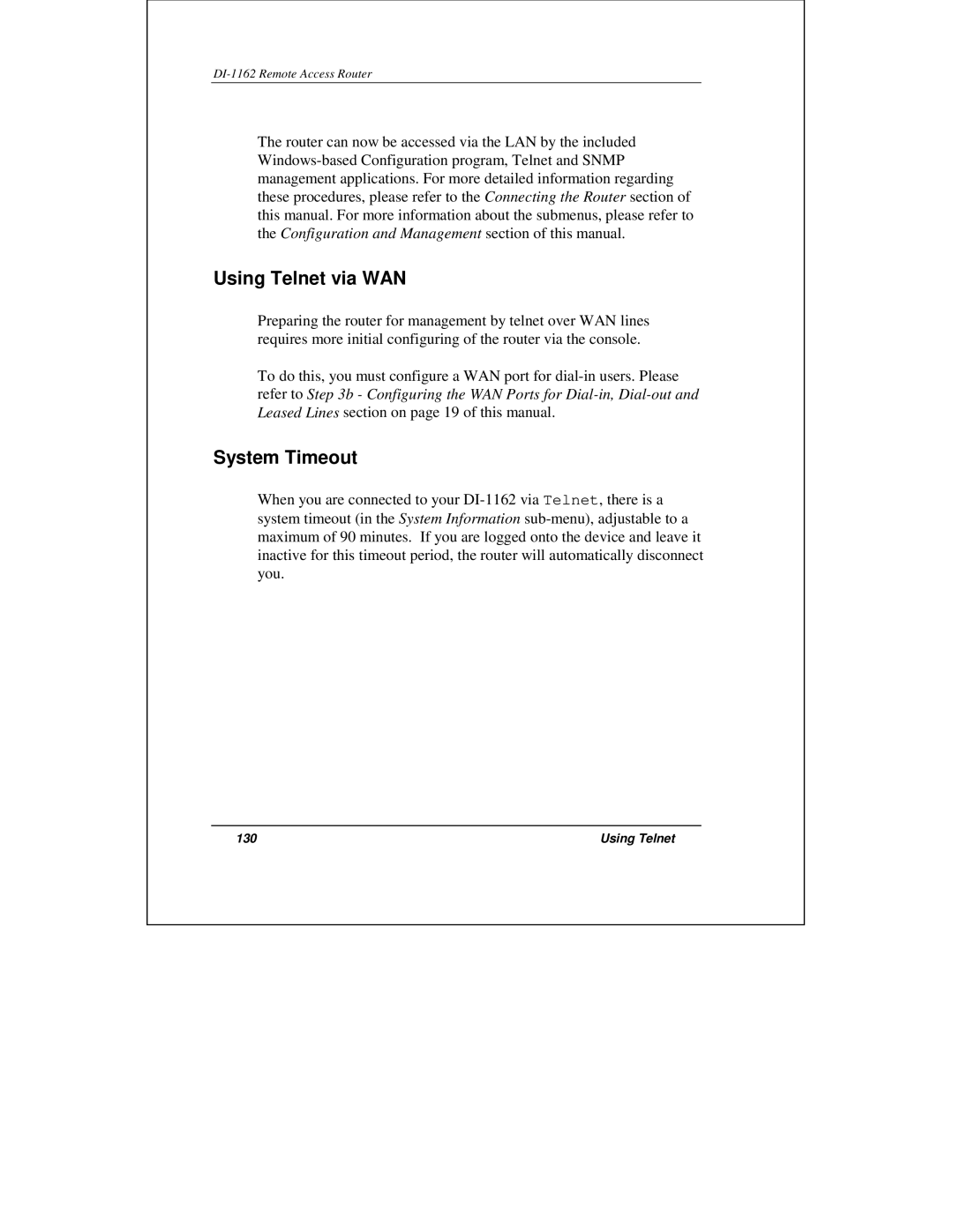 D-Link DI-1162 manual Using Telnet via WAN, System Timeout 