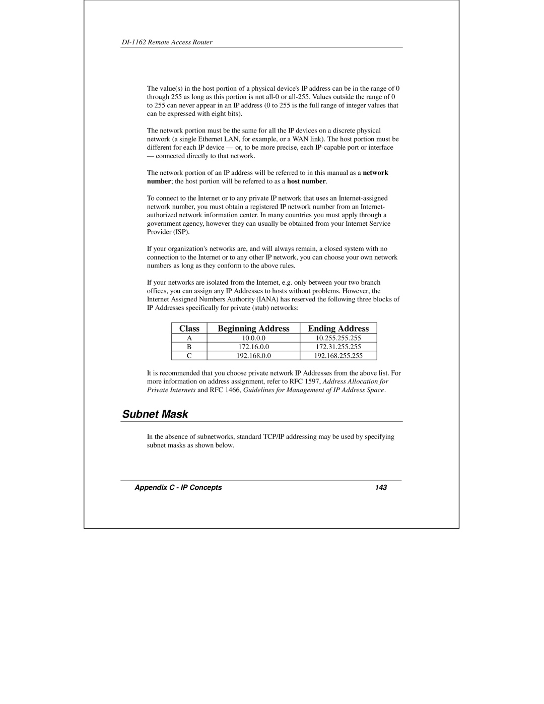 D-Link DI-1162 manual Subnet Mask, Appendix C IP Concepts 143 