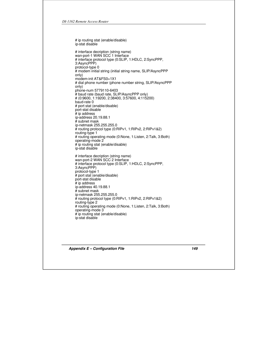 D-Link DI-1162 manual Appendix E Configuration File 149 