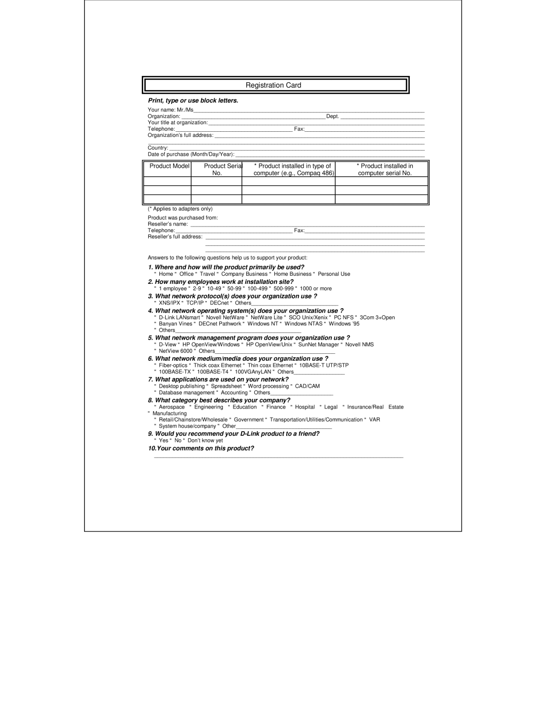 D-Link DI-1162 manual Registration Card 