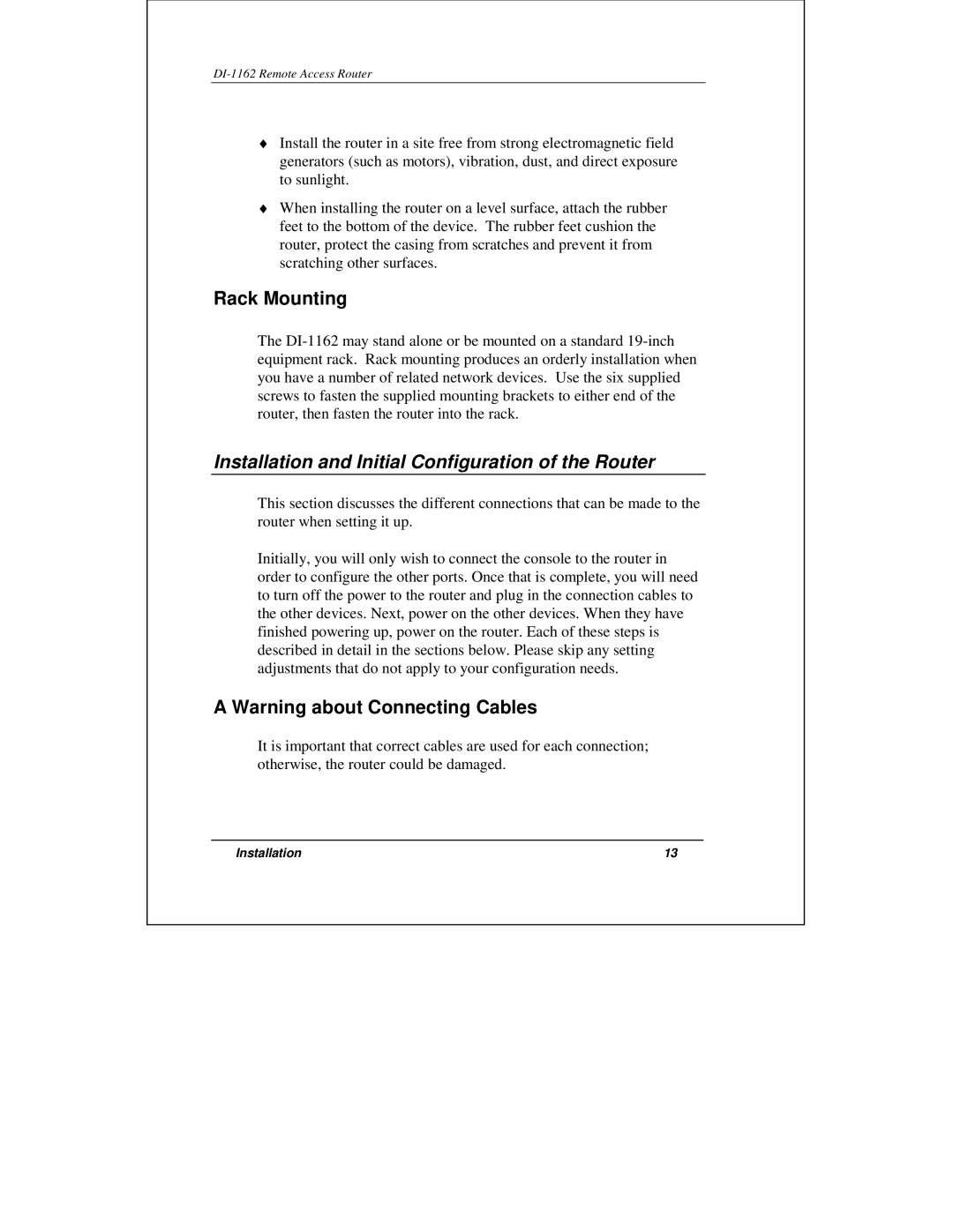 D-Link DI-1162 manual Rack Mounting, Installation and Initial Configuration of the Router 