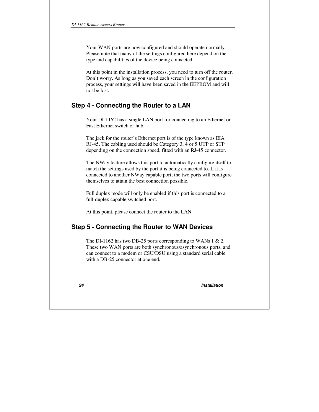 D-Link DI-1162 manual Connecting the Router to a LAN, Connecting the Router to WAN Devices 