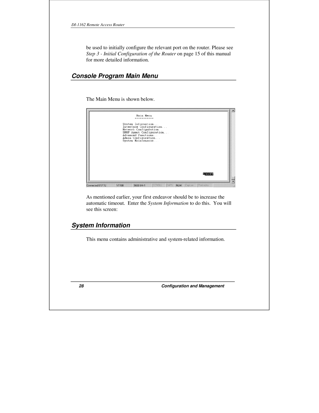 D-Link DI-1162 manual Console Program Main Menu, System Information 