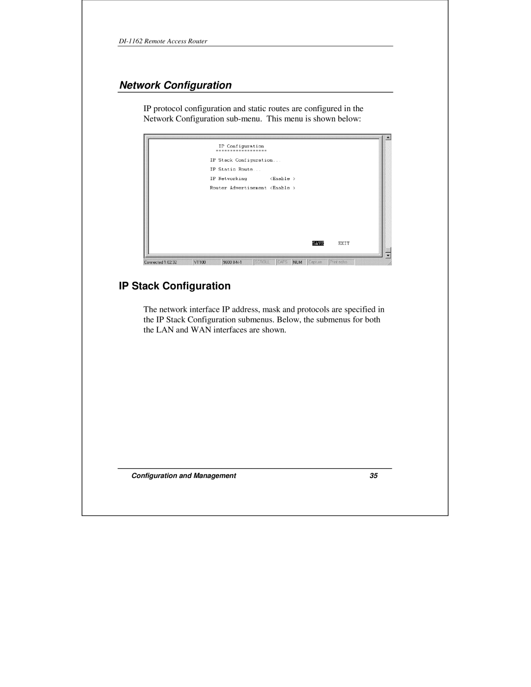 D-Link DI-1162 manual Network Configuration, IP Stack Configuration 