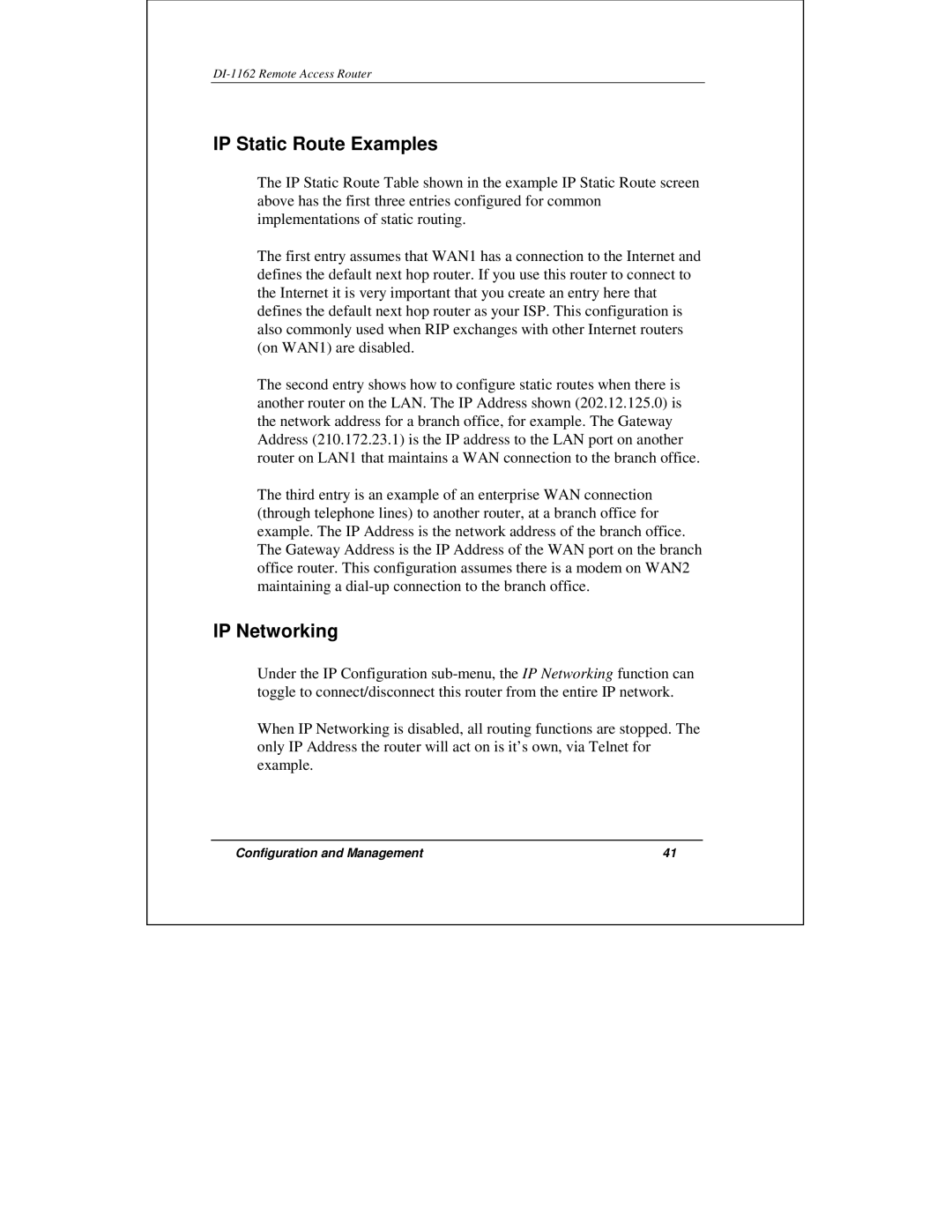 D-Link DI-1162 manual IP Static Route Examples, IP Networking 