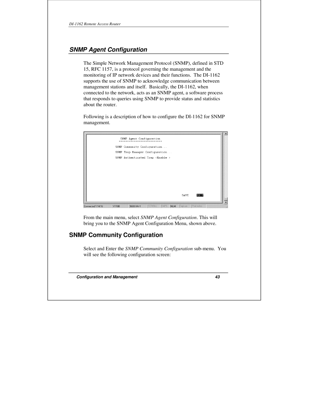 D-Link DI-1162 manual Snmp Agent Configuration, Snmp Community Configuration 