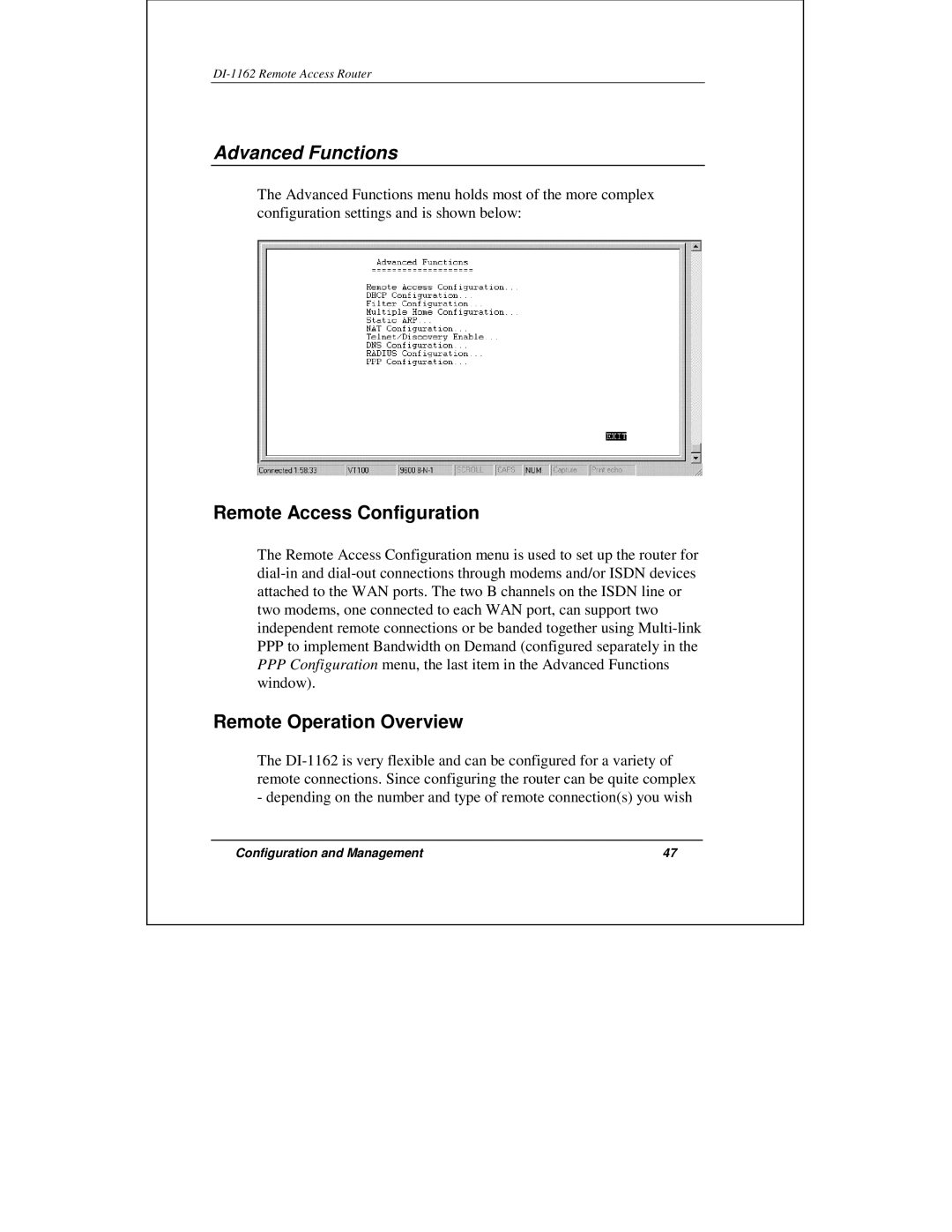 D-Link DI-1162 manual Advanced Functions, Remote Access Configuration, Remote Operation Overview 