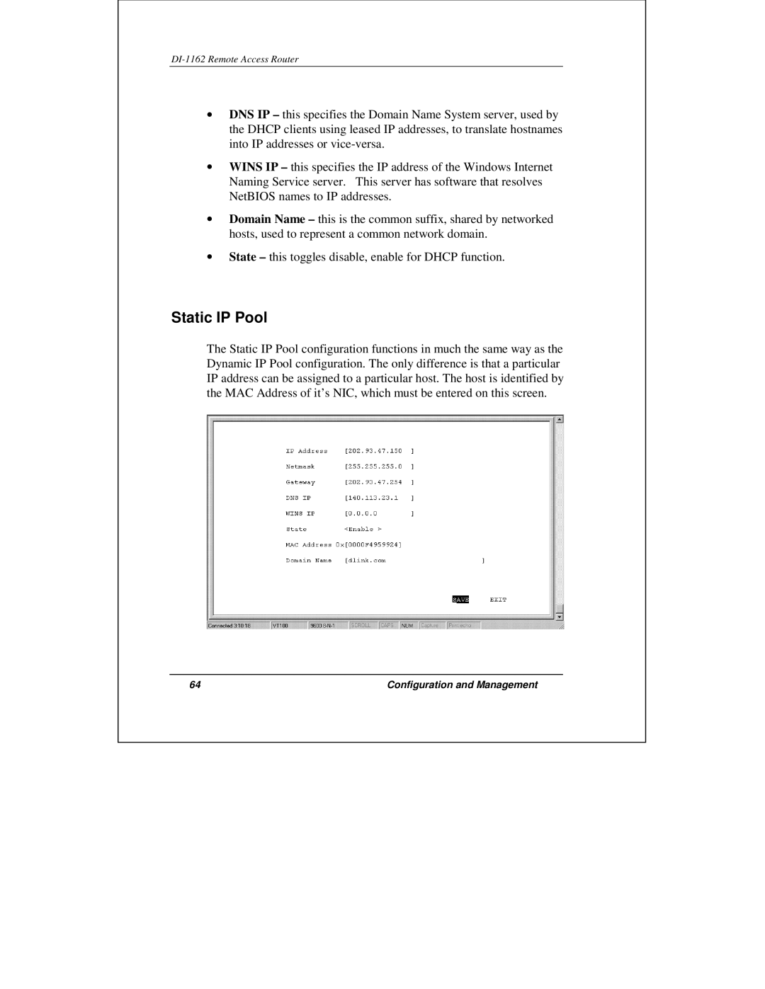 D-Link DI-1162 manual Static IP Pool 