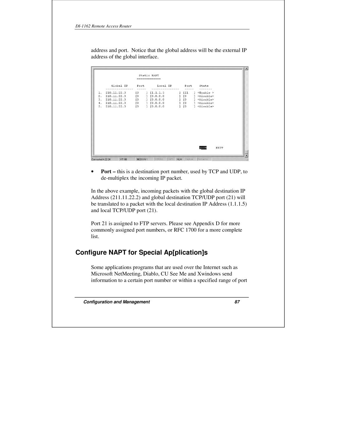 D-Link DI-1162 manual Configure Napt for Special Applications 