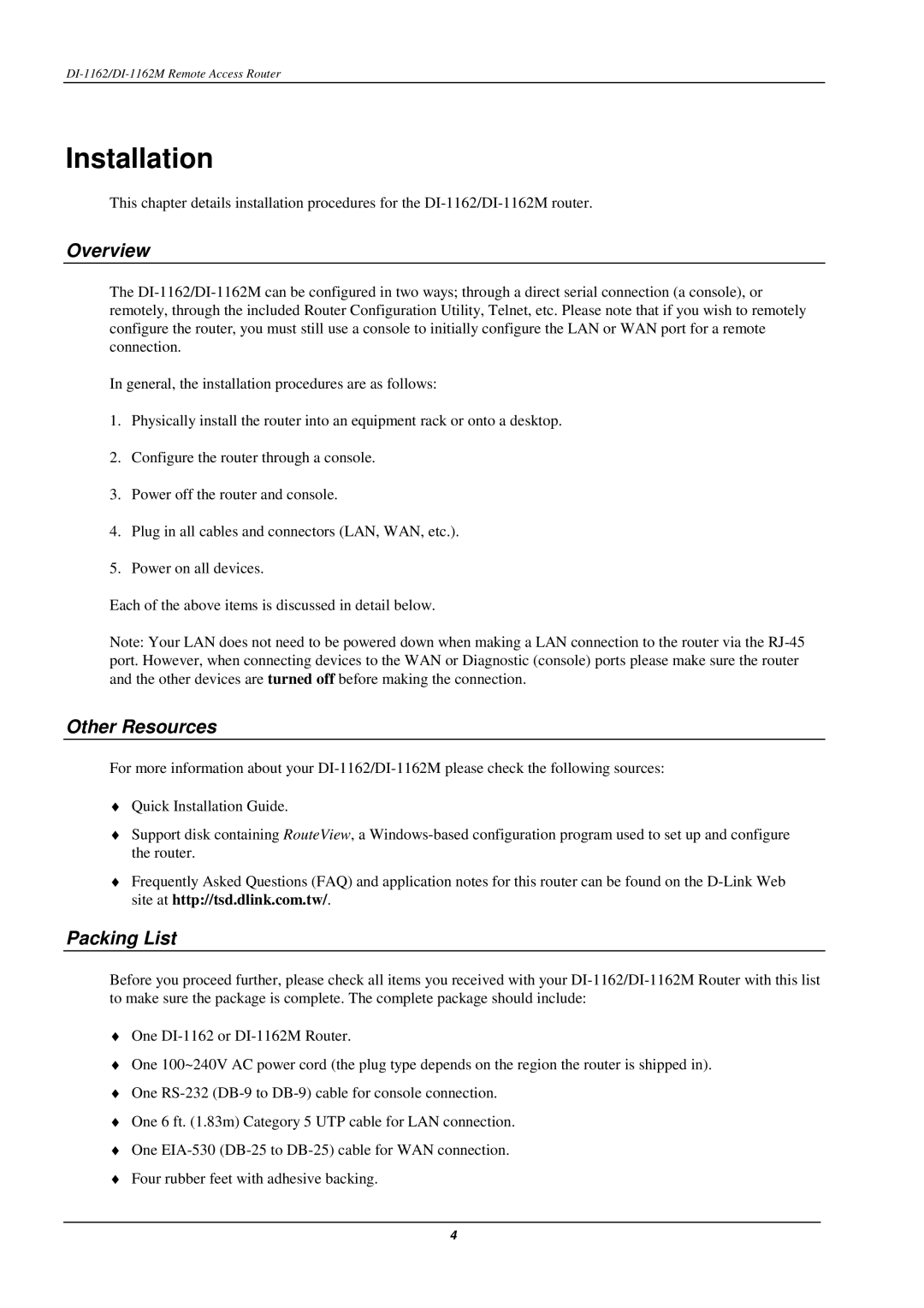 D-Link DI-1162M manual Installation, Overview, Other Resources, Packing List 