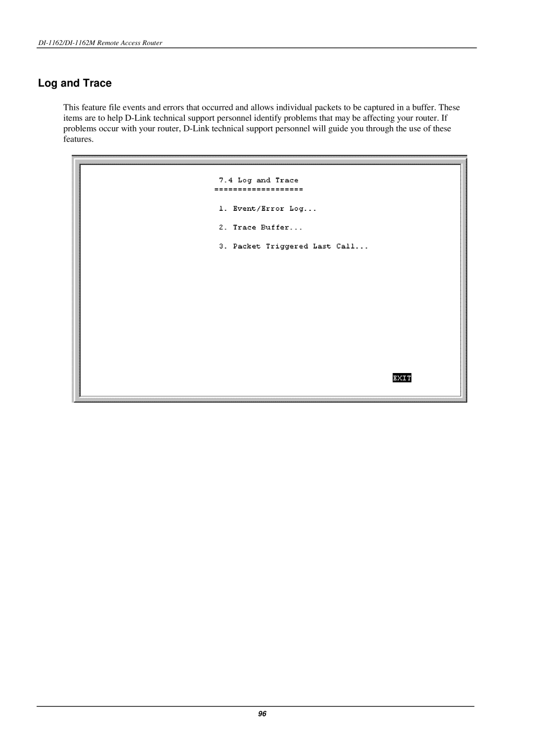 D-Link DI-1162M manual Log and Trace 