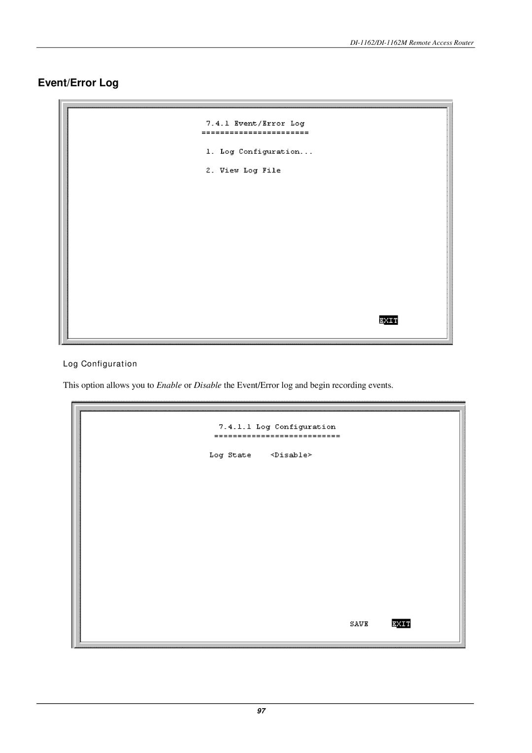 D-Link DI-1162M manual Event/Error Log 