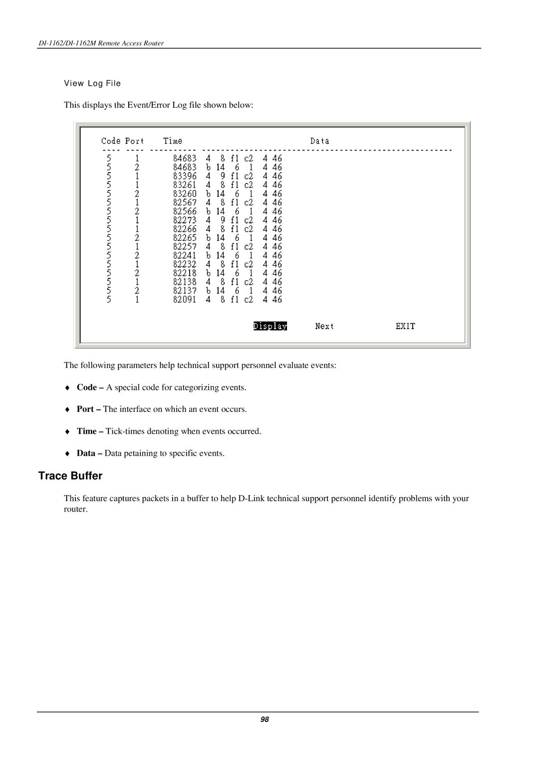 D-Link DI-1162M manual Trace Buffer 